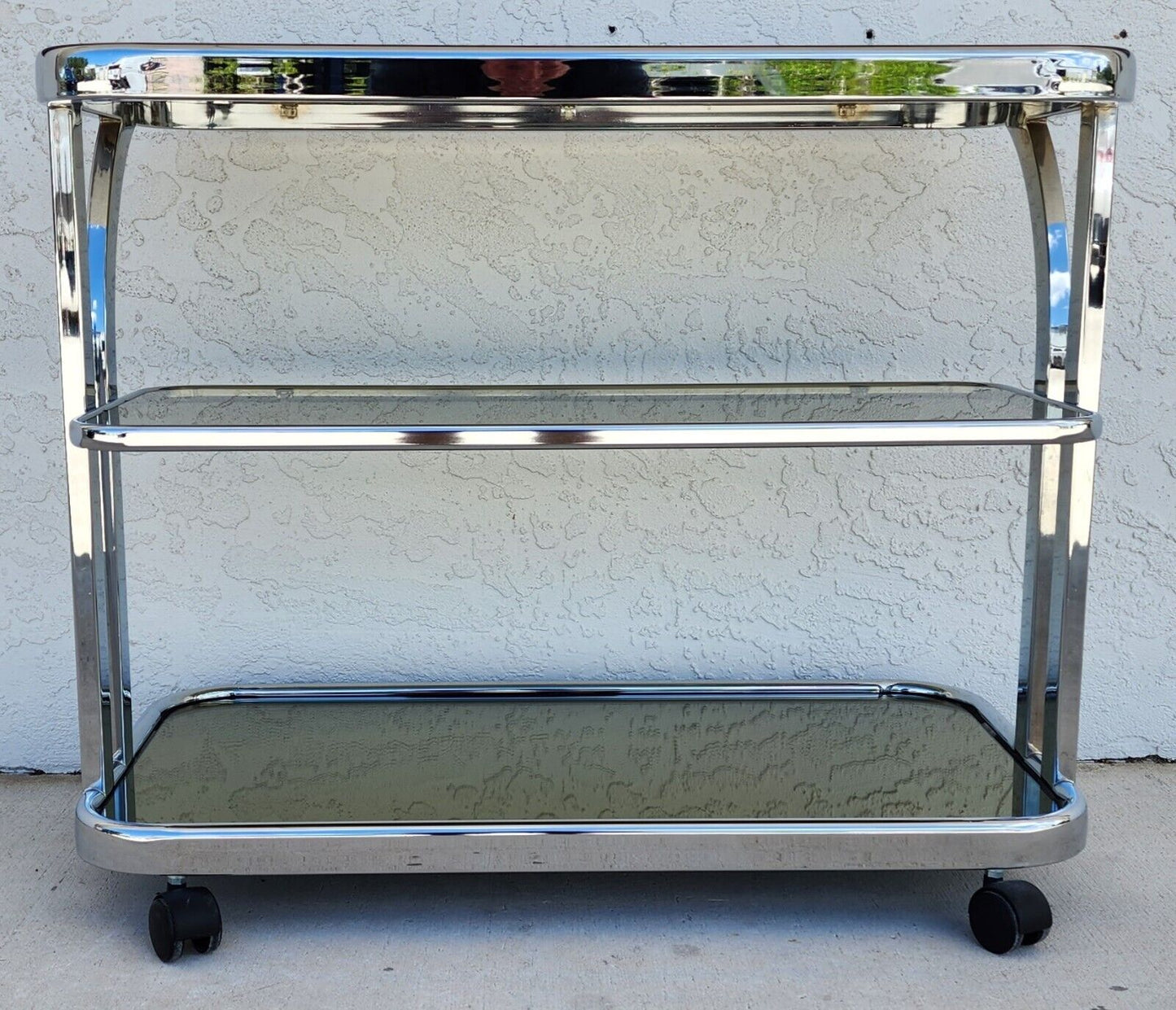 Vintage Chrome Bar Cart Smoked Glass & Mirror Rolling 1980s