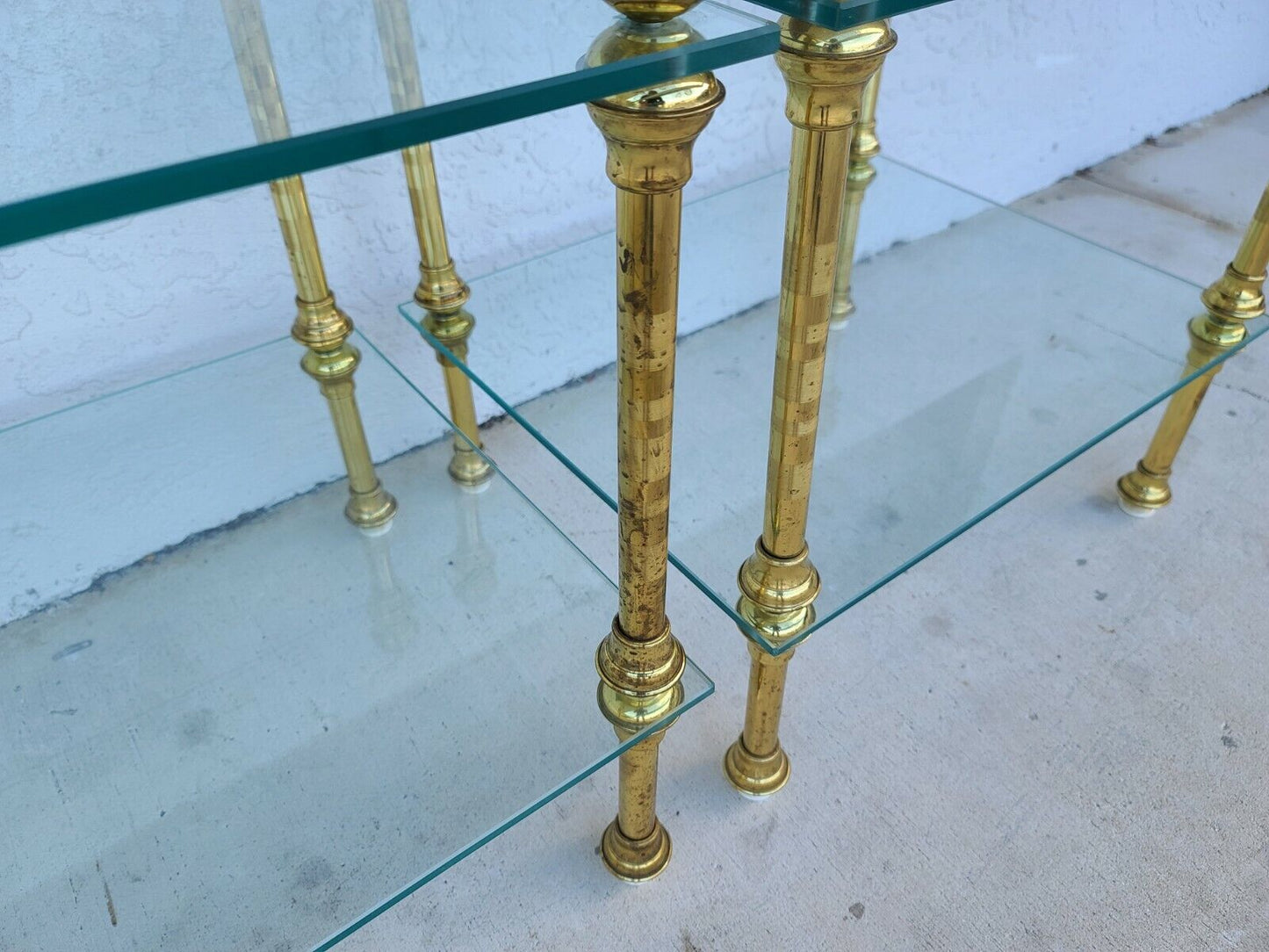 Vintage Pair of 2 Tier Brass & Glass Side End Tables Nightstands