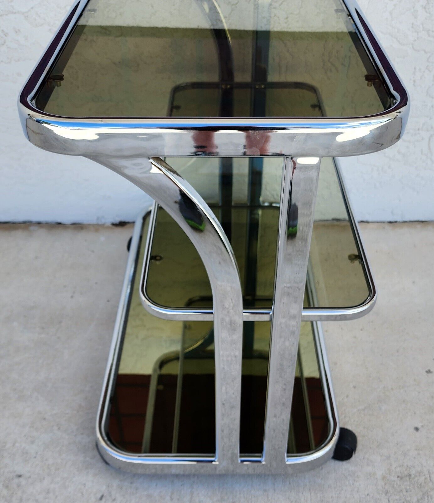 Vintage Chrome Bar Cart Smoked Glass & Mirror Rolling 1980s