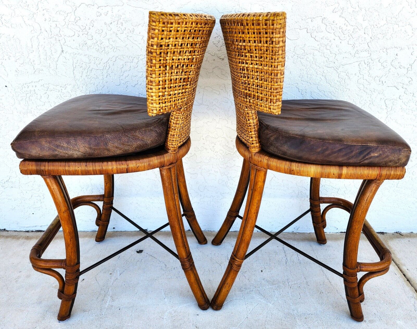 Vintage Bamboo Barstools Caned Backs Leather Rattan