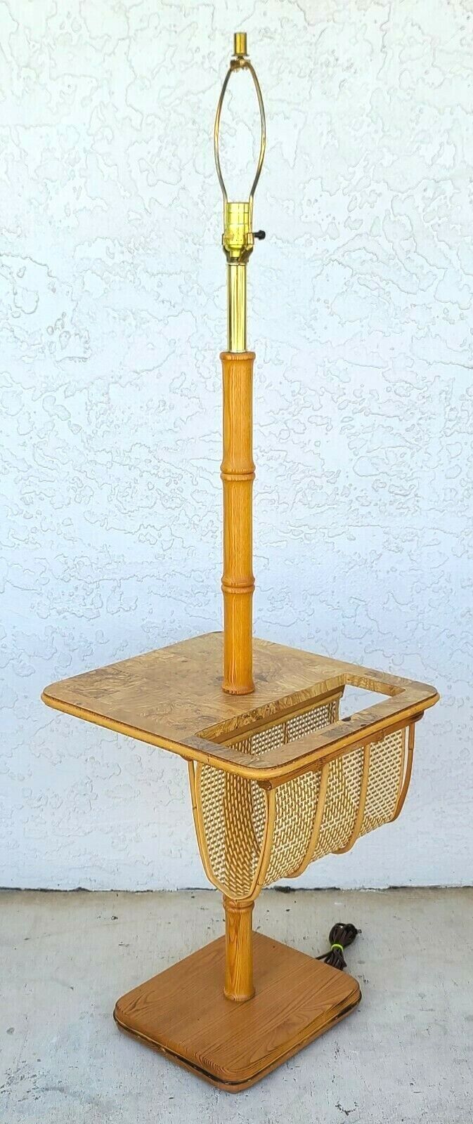 Vintage Bamboo Tiki Boho Chic Magazine Holder Floor Lamp Table
