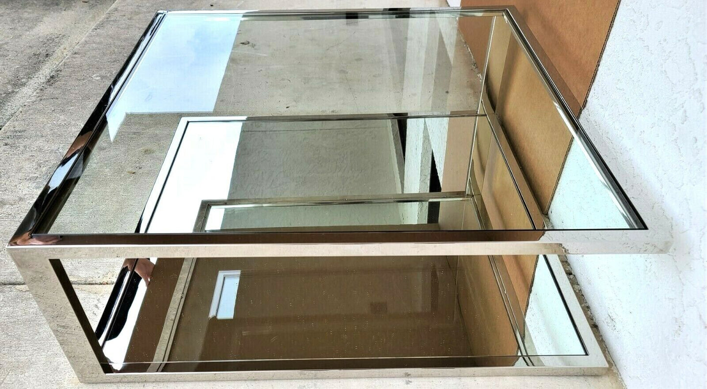 Vtg Italian Mid Century Modern Chrome Glass & Mirror Floating Top Coffee Table