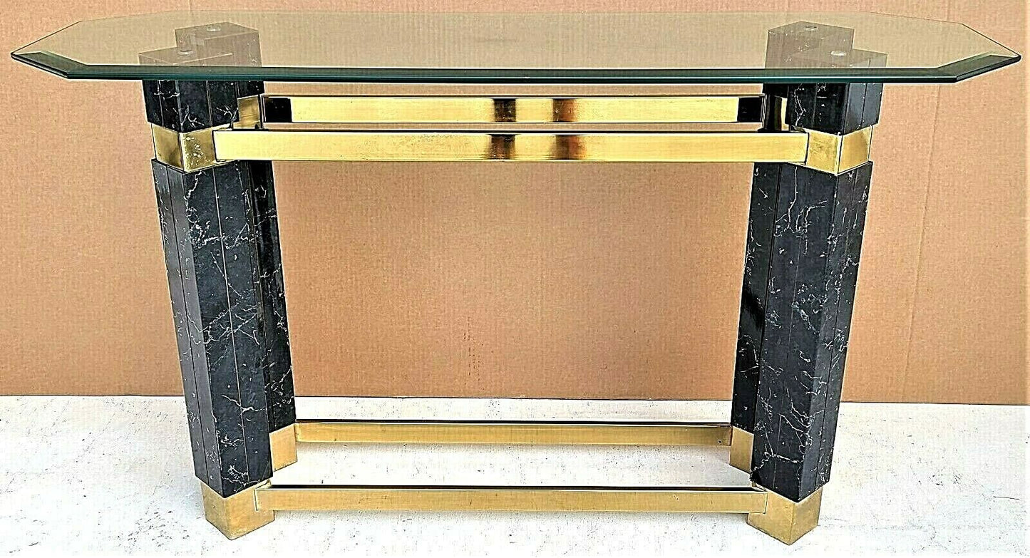 1980's Hollywood Regency Brass Faux Marble & Beveled Glass Console Table