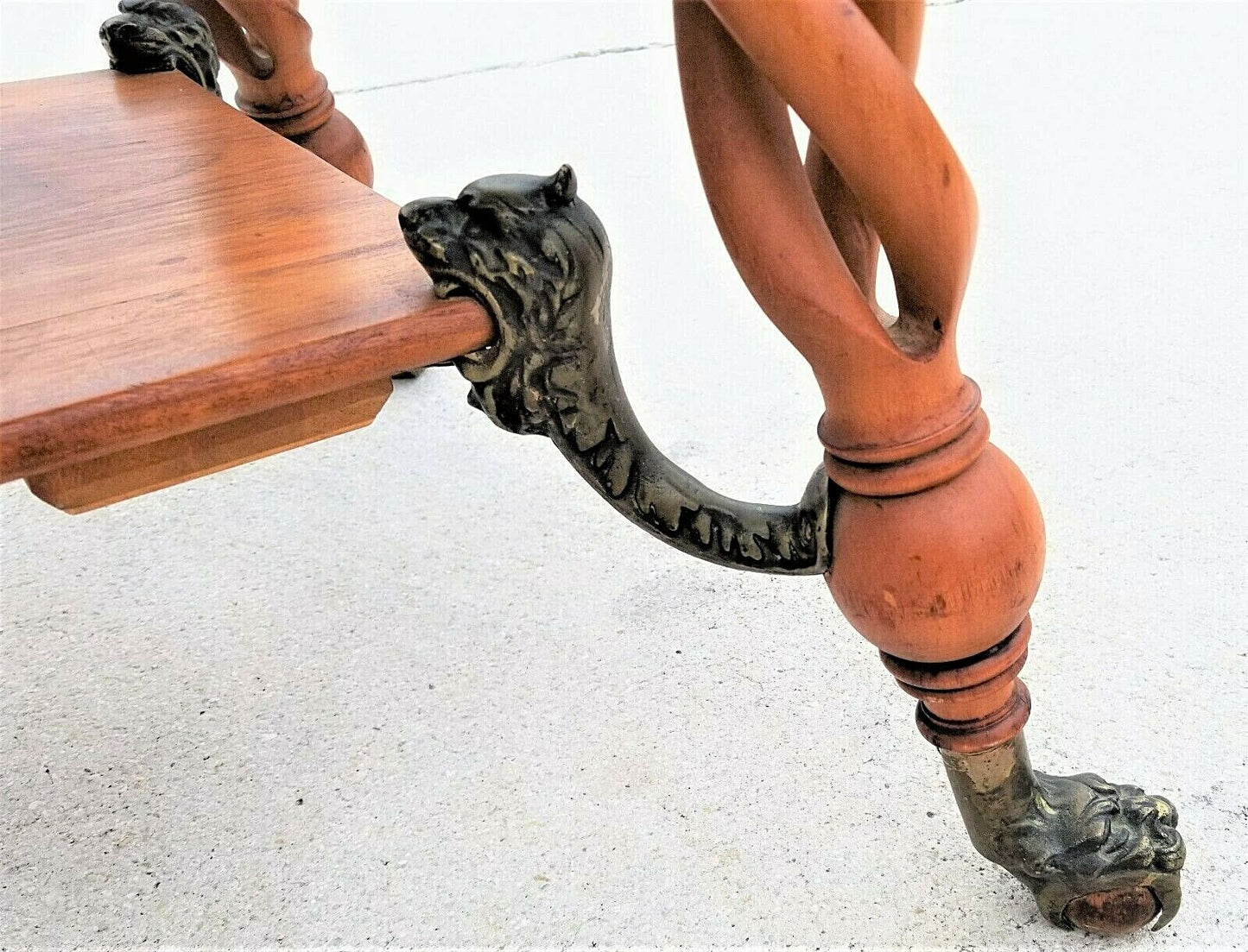 Antique Asian Chinoiserie Wood & Brass Dragons Claw & Ball Lamp Accent Table 29"