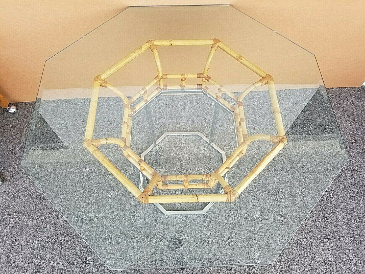 Vintage MCM Milo Baughman Style Chrome Bamboo Rattan Glass Dining Gaming Table