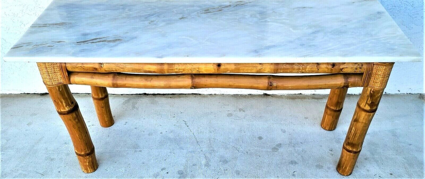 70's Elephant Bamboo Rattan Wicker Marble Top Console Sofa Entryway Table