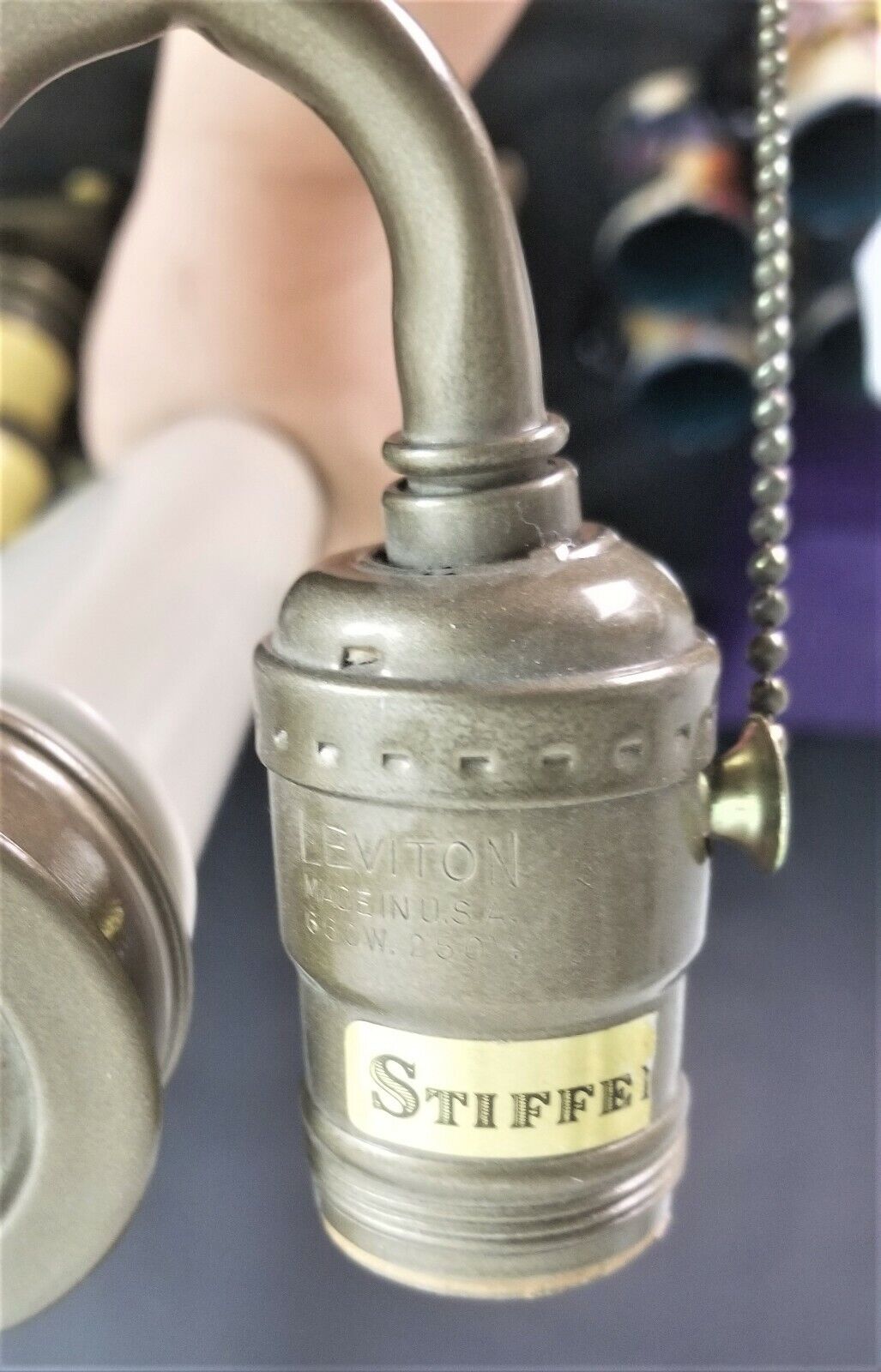 2 Vintage STIFFEL Enamel and Brass Candlestick Lamps with Dupioni Silk Shades