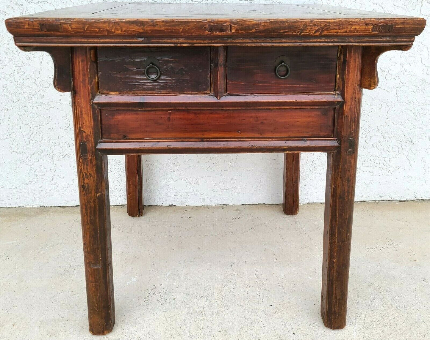 Antique Solid Wood Asian Chinoiserie 2 Drawer Side Occasional Lamp Table