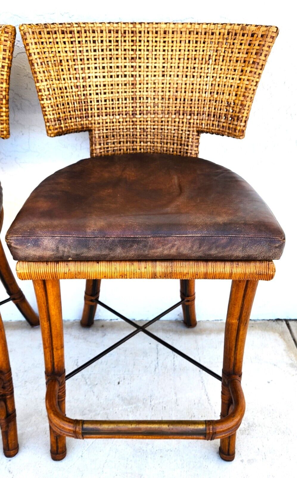 Vintage Bamboo Barstools Caned Backs Leather Rattan