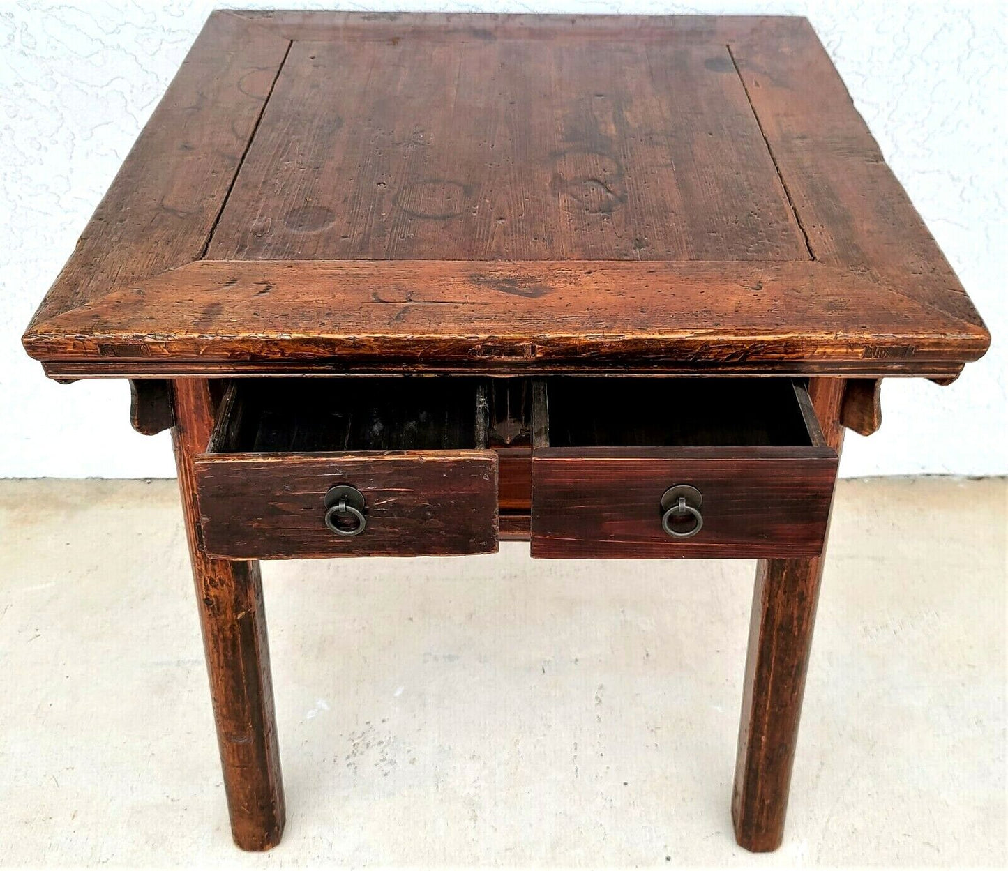 Antique Solid Wood Asian Chinoiserie 2 Drawer Side Occasional Lamp Table