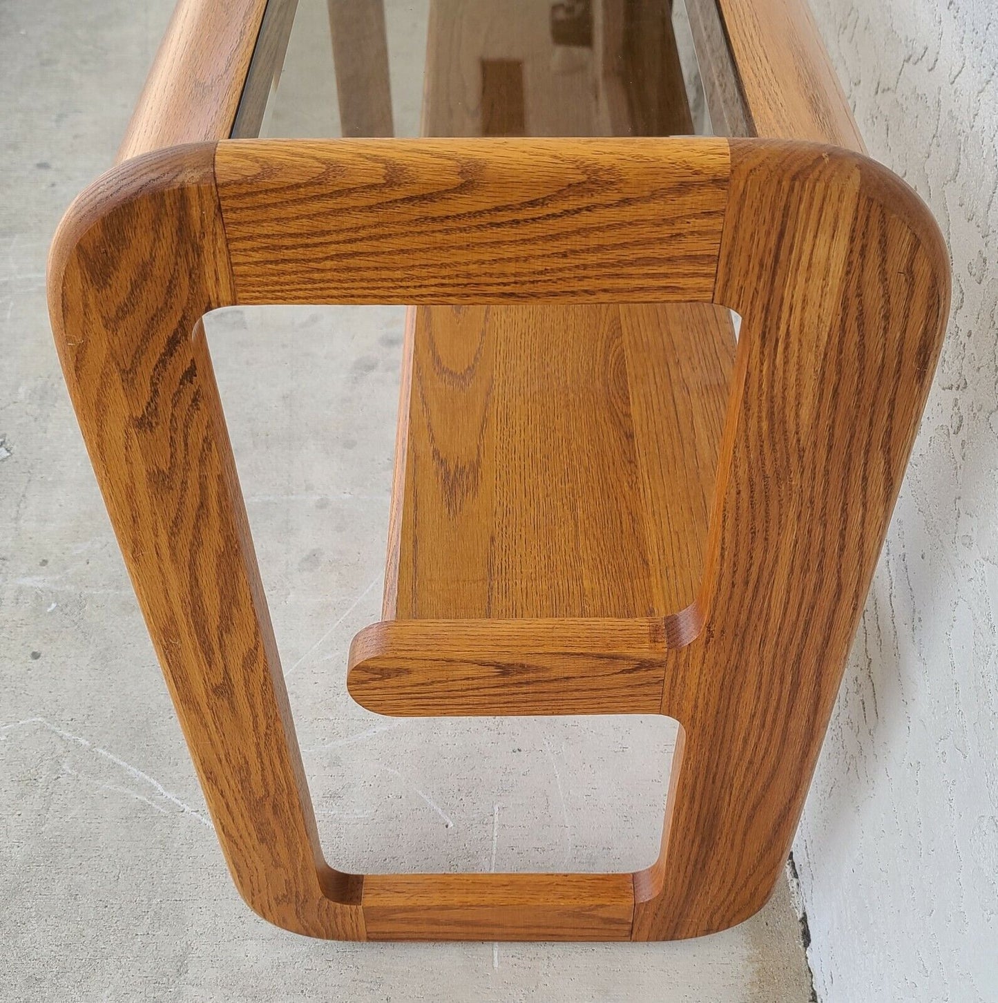 1970's Mid Century Modern Hodges Mersman Oak Smoked Glass Console Sofa Table