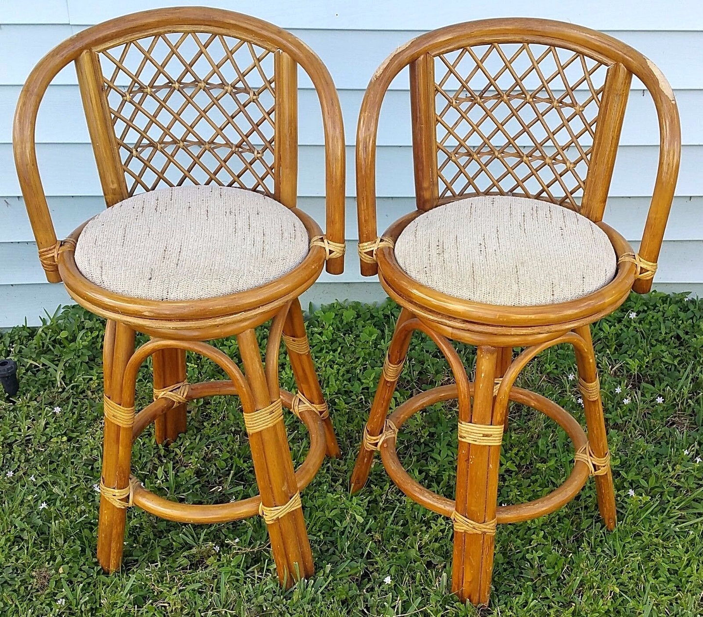 Mid Century Modern Regency Bamboo Bentwood Rattan Fan Back Armchairs - Set of 2