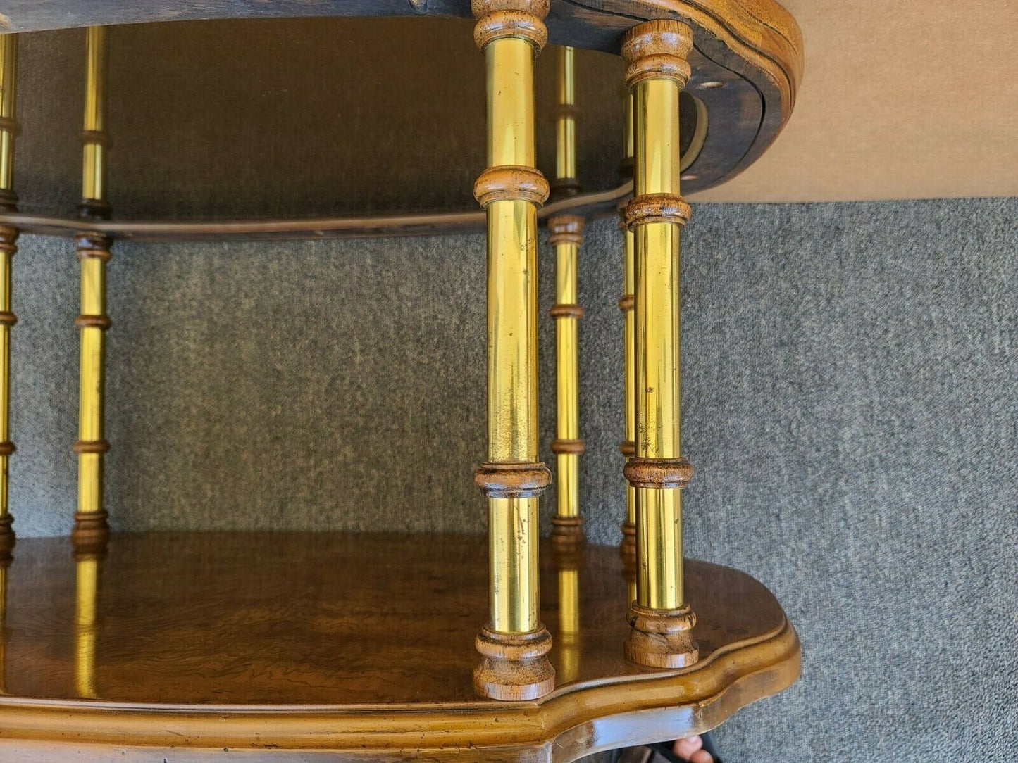 Vtg French DREXEL Et Cetera Rolling Burl Wood Glass Brass Coffee Cocktail Table