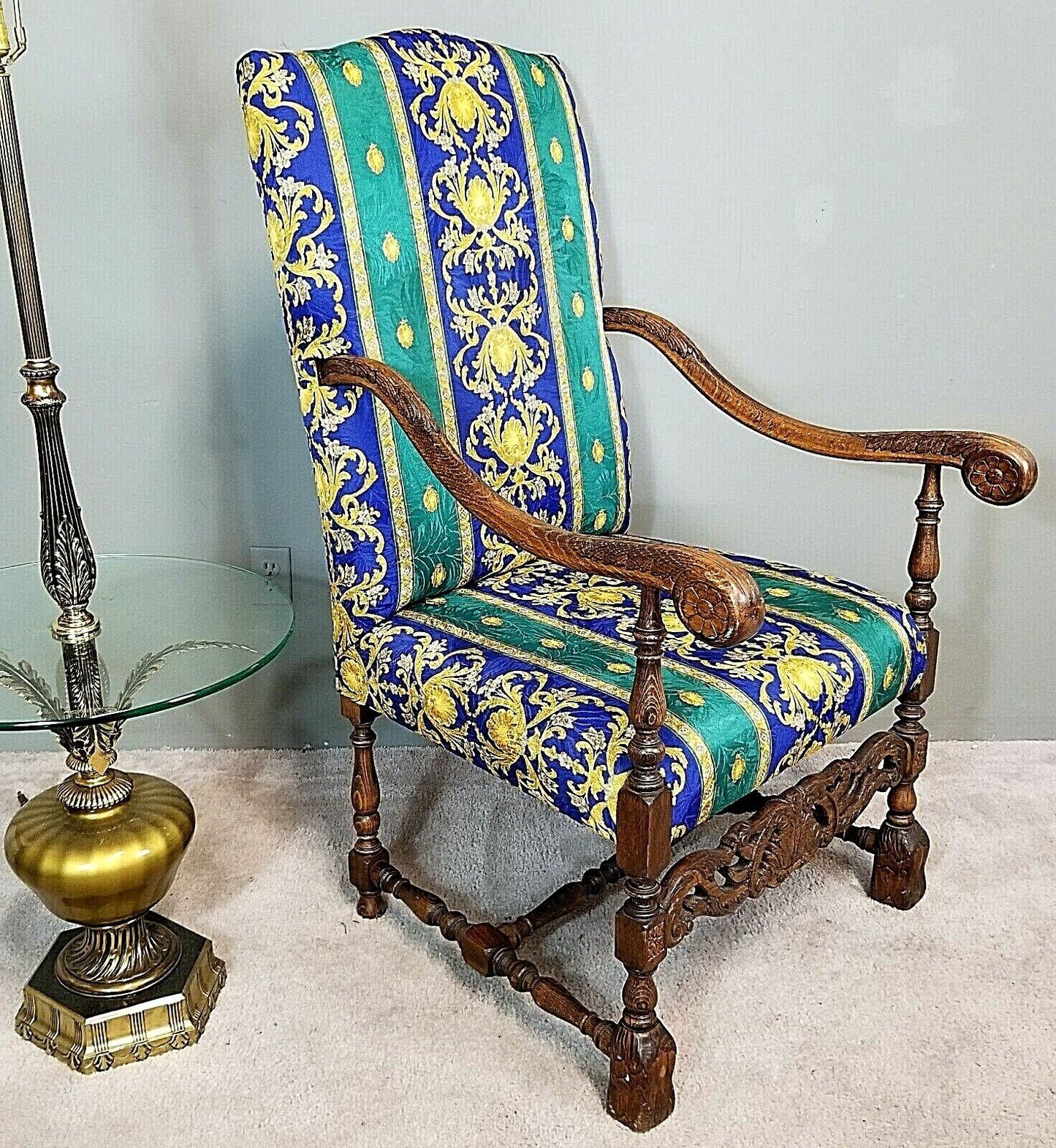 Pair of Antique 1930's French Louis XIV Style Carved Throne Armchairs