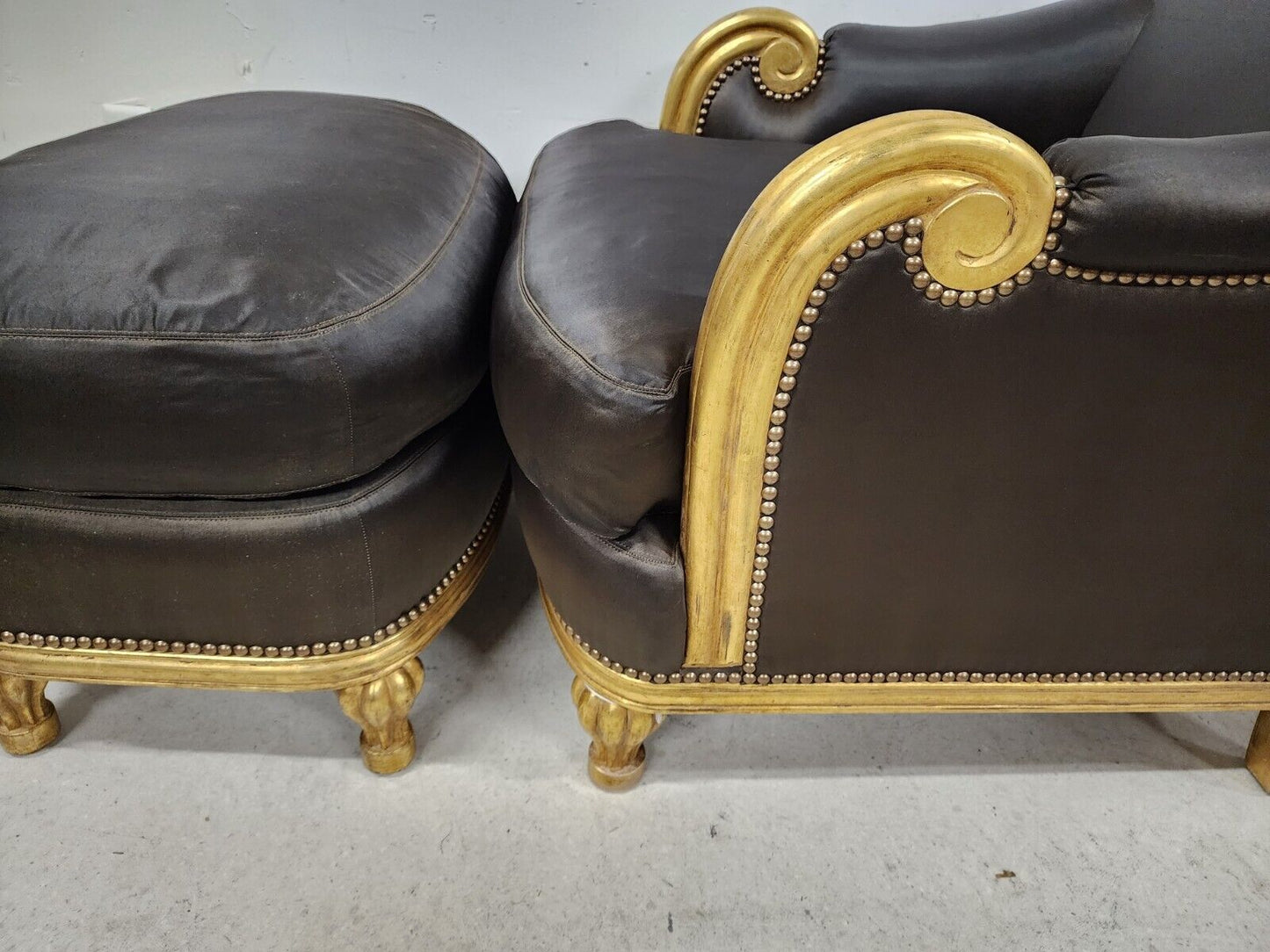 Art Deco Gilt Finish Club Chair & Ottoman