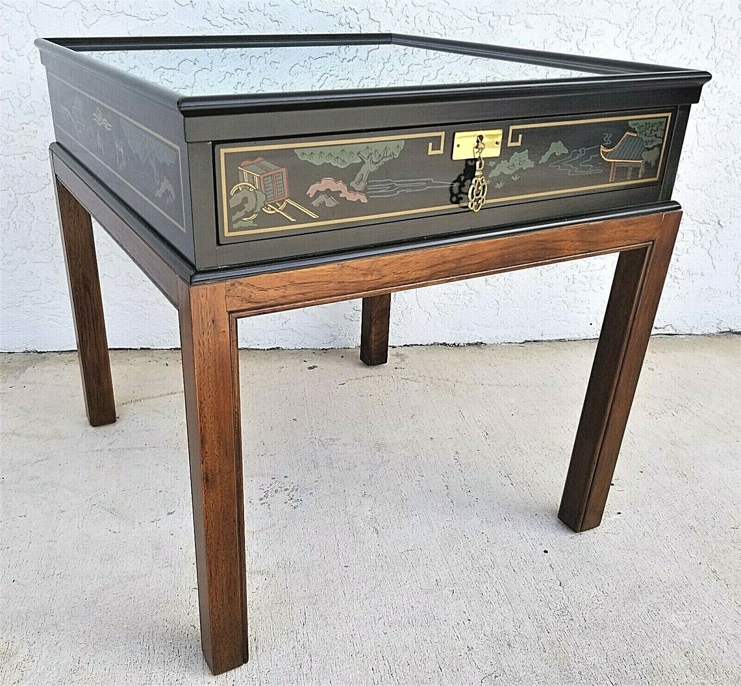 Vtg French DREXEL Et Cetera Rolling Burl Wood Glass Brass Coffee Cocktail Table