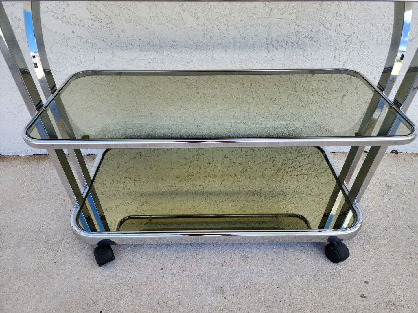 Vintage Chrome Bar Cart Smoked Glass & Mirror Rolling 1980s