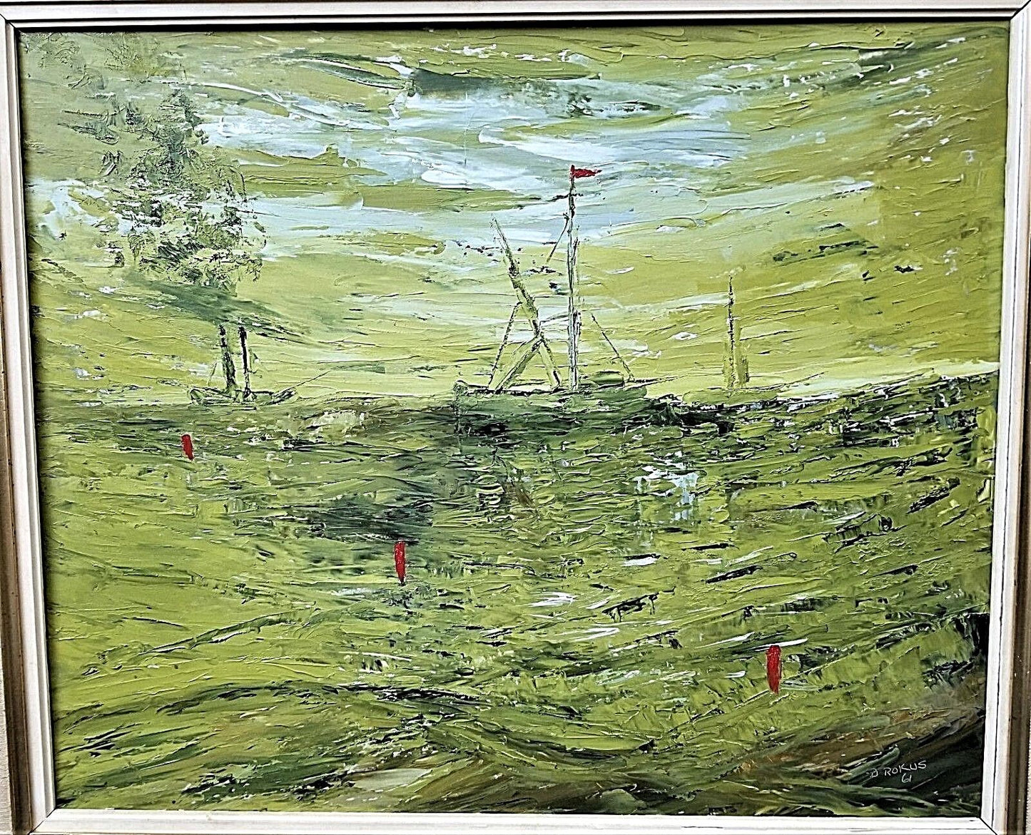 1961 Signed BERT ROKUS (listed) Expressionist Oil Painting Sailboats in Harbor