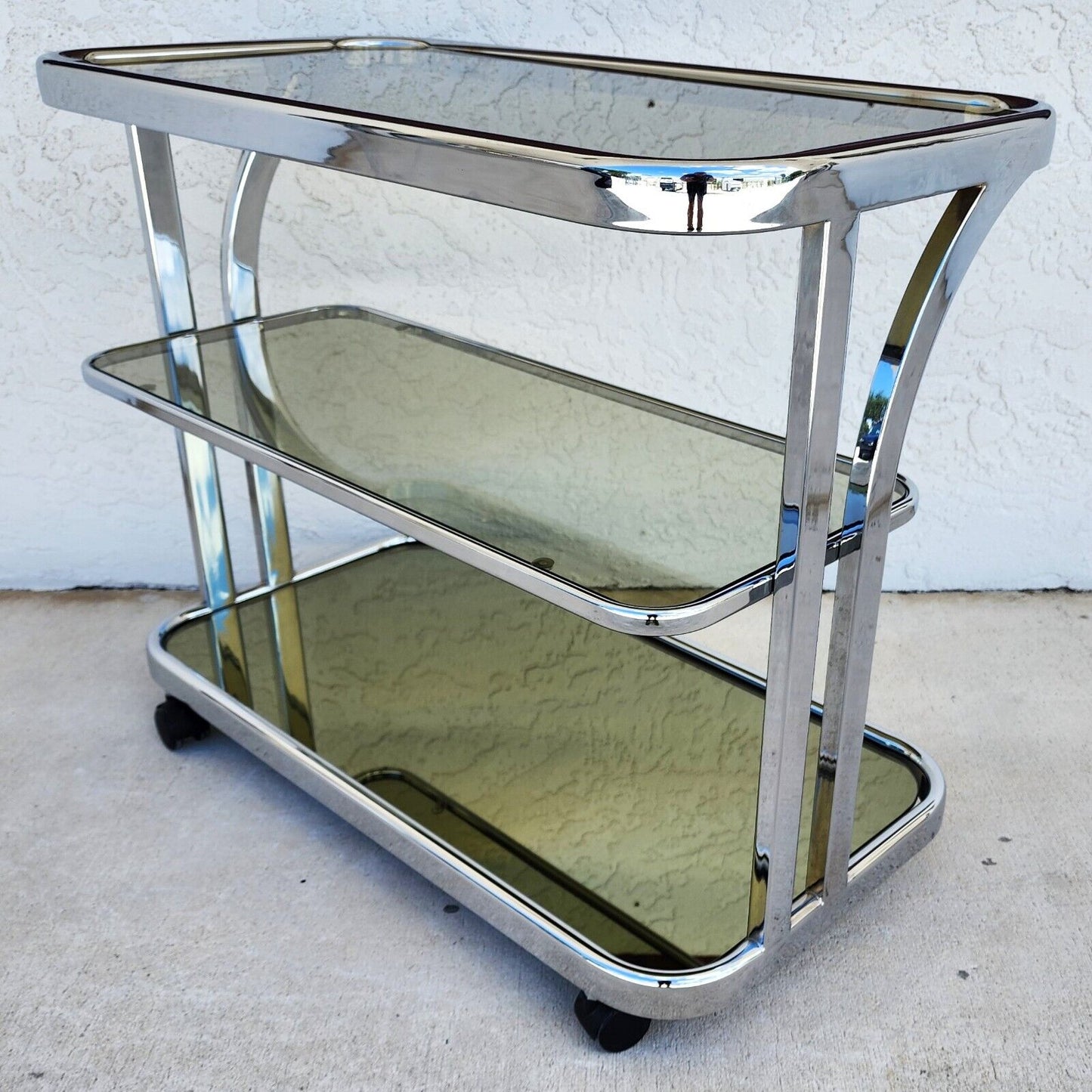 Vintage Chrome Bar Cart Smoked Glass & Mirror Rolling 1980s