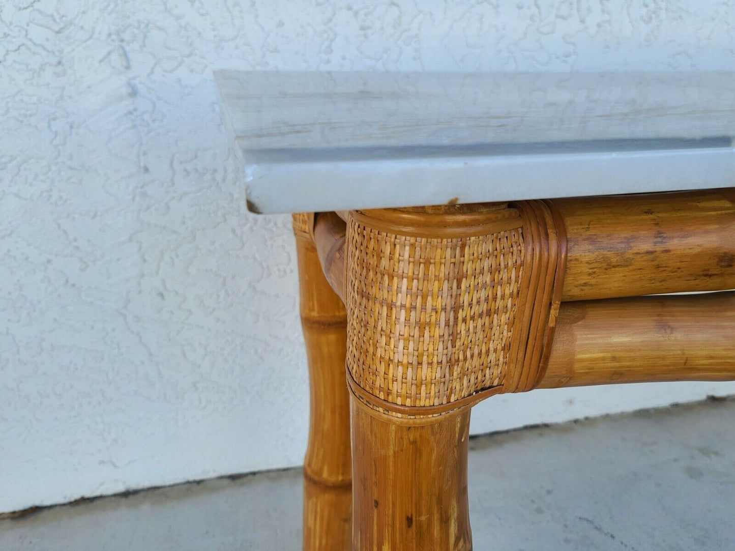 70's Elephant Bamboo Rattan Wicker Marble Top Console Sofa Entryway Table
