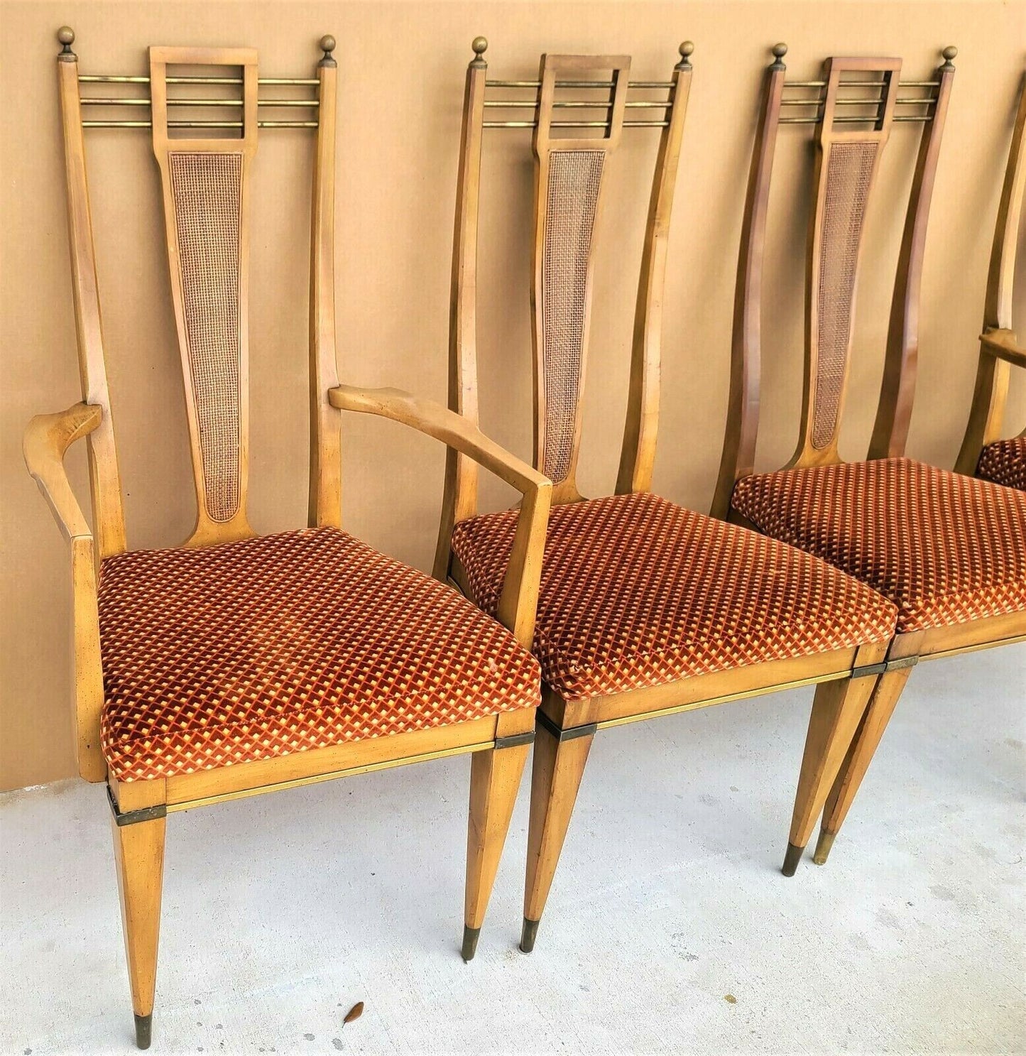 Set of 4 1950's MCM J L METZ Brass Solid Wood & Cane Dining Chairs