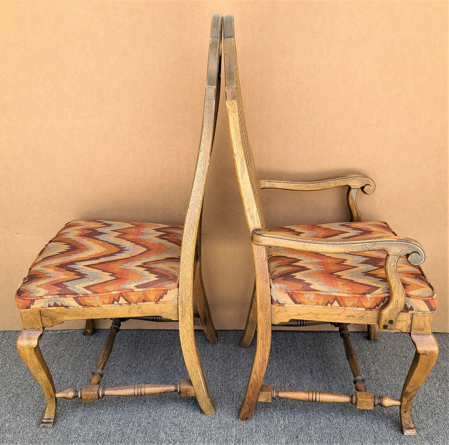 Vintage French Country Caned Back Flamestitch Fabric Dining Chairs - Set of 6