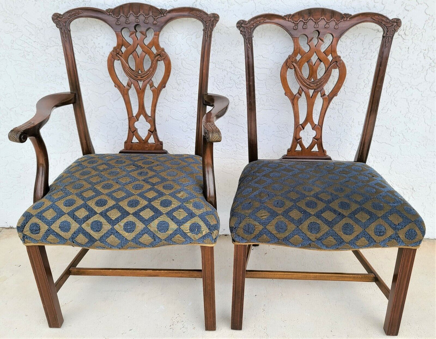 Vintage Chippendale Mahogany Dining Chairs w Carved Tassels & Drapery - Set of 6