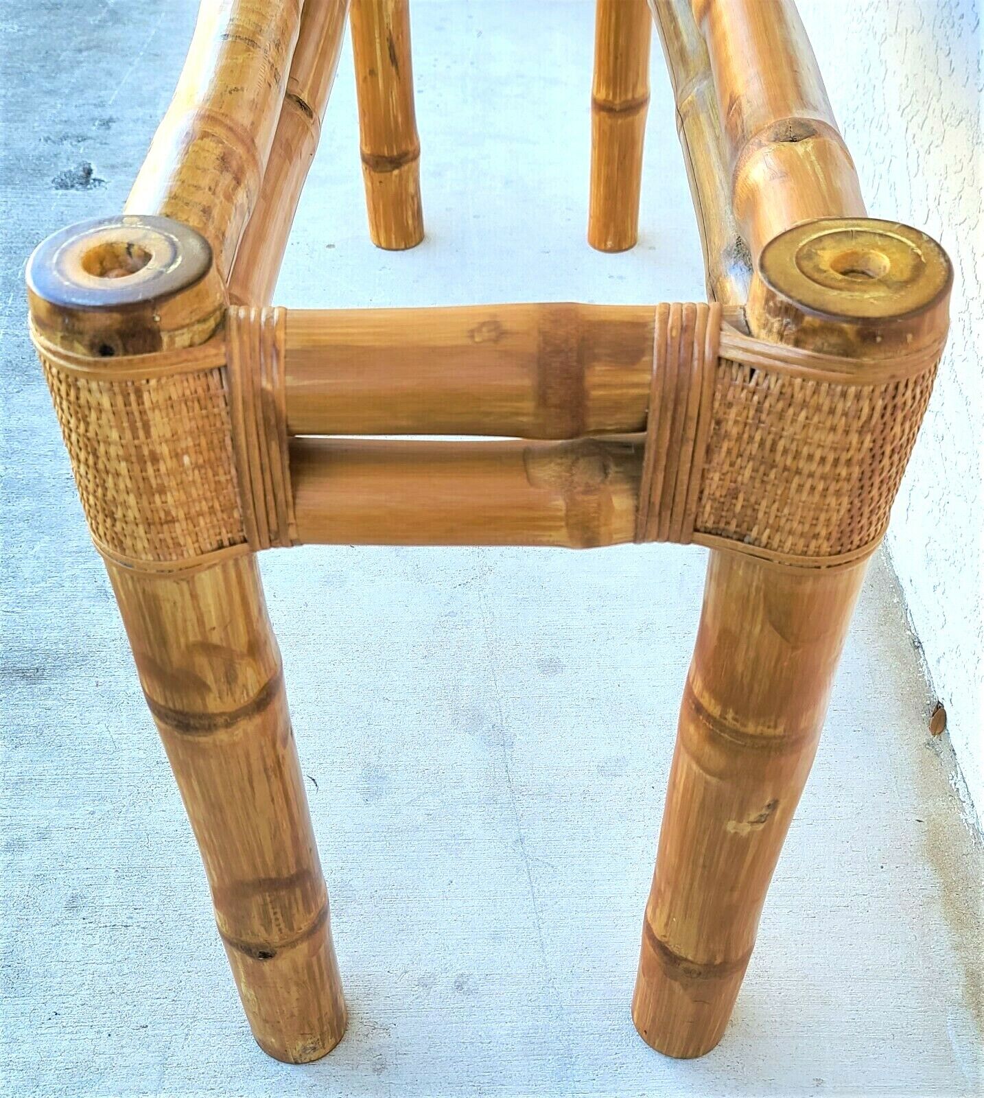 70's Elephant Bamboo Rattan Wicker Marble Top Console Sofa Entryway Table