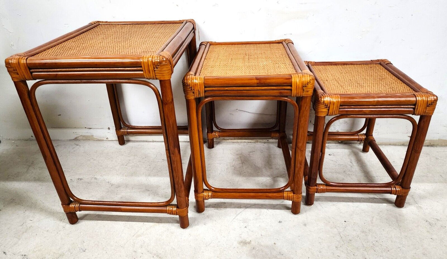 Bamboo Nesting Tables Rattan Wicker Set of 3