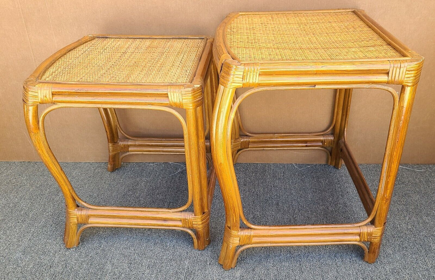 Vintage French Country Bamboo Wicker Rattan Nesting Tables