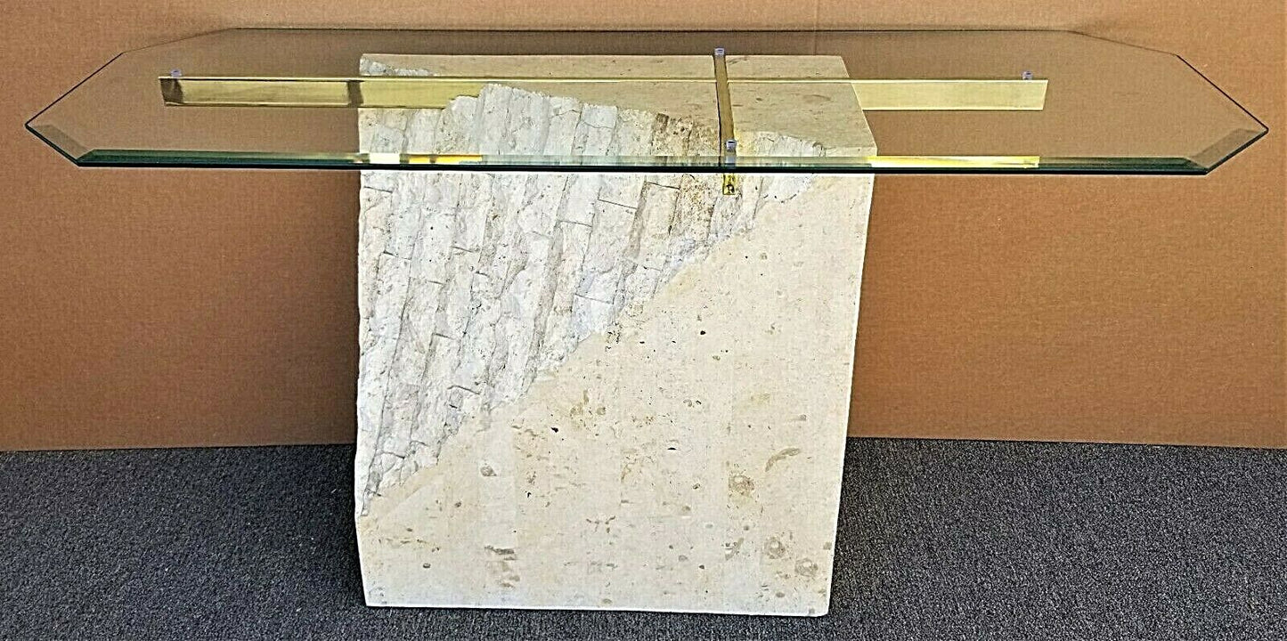 80's MAITLAND SMITH Mactan Tessellated Stone Brass Glass Console Sofa Table
