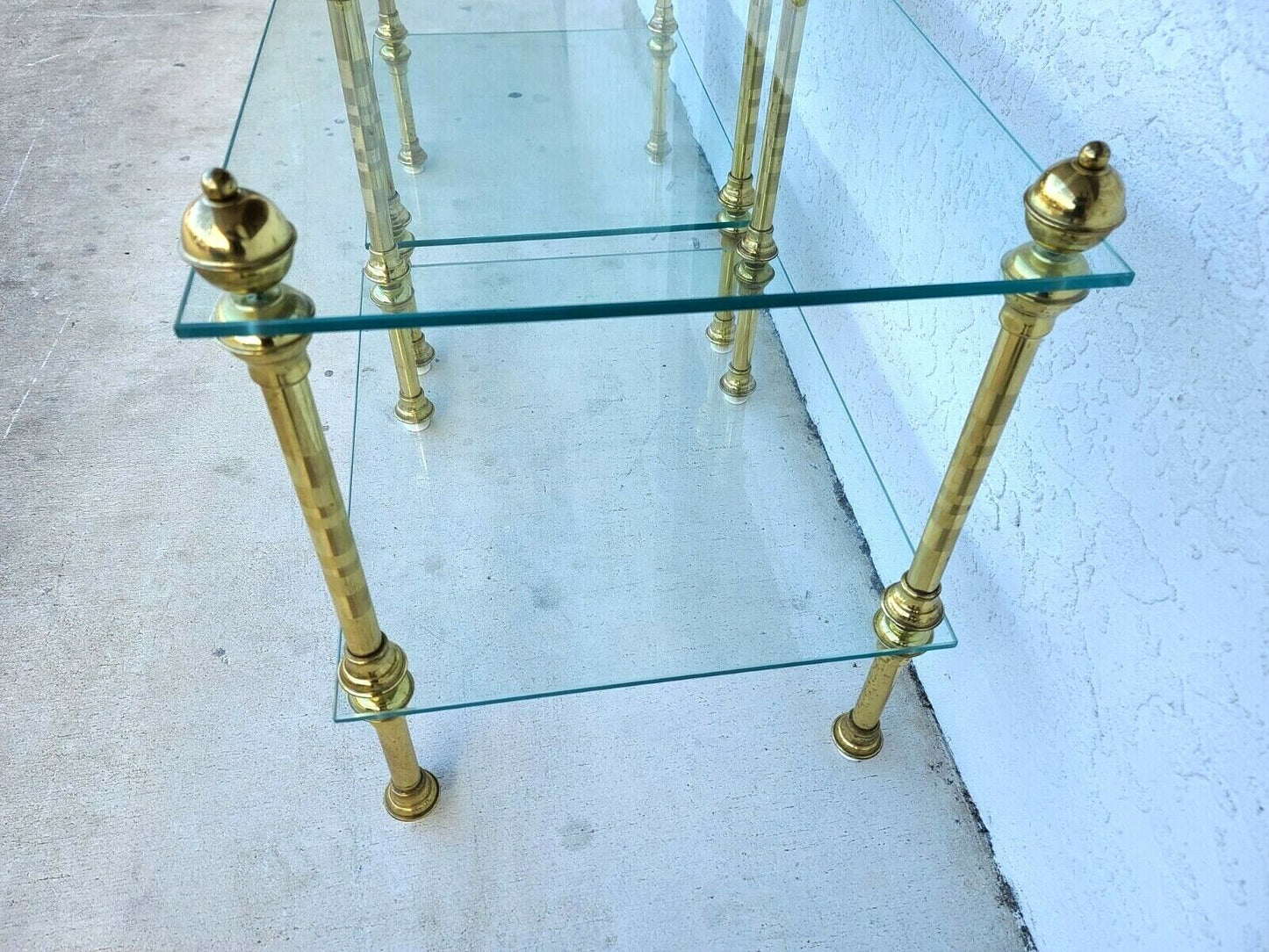 Vintage Pair of 2 Tier Brass & Glass Side End Tables Nightstands