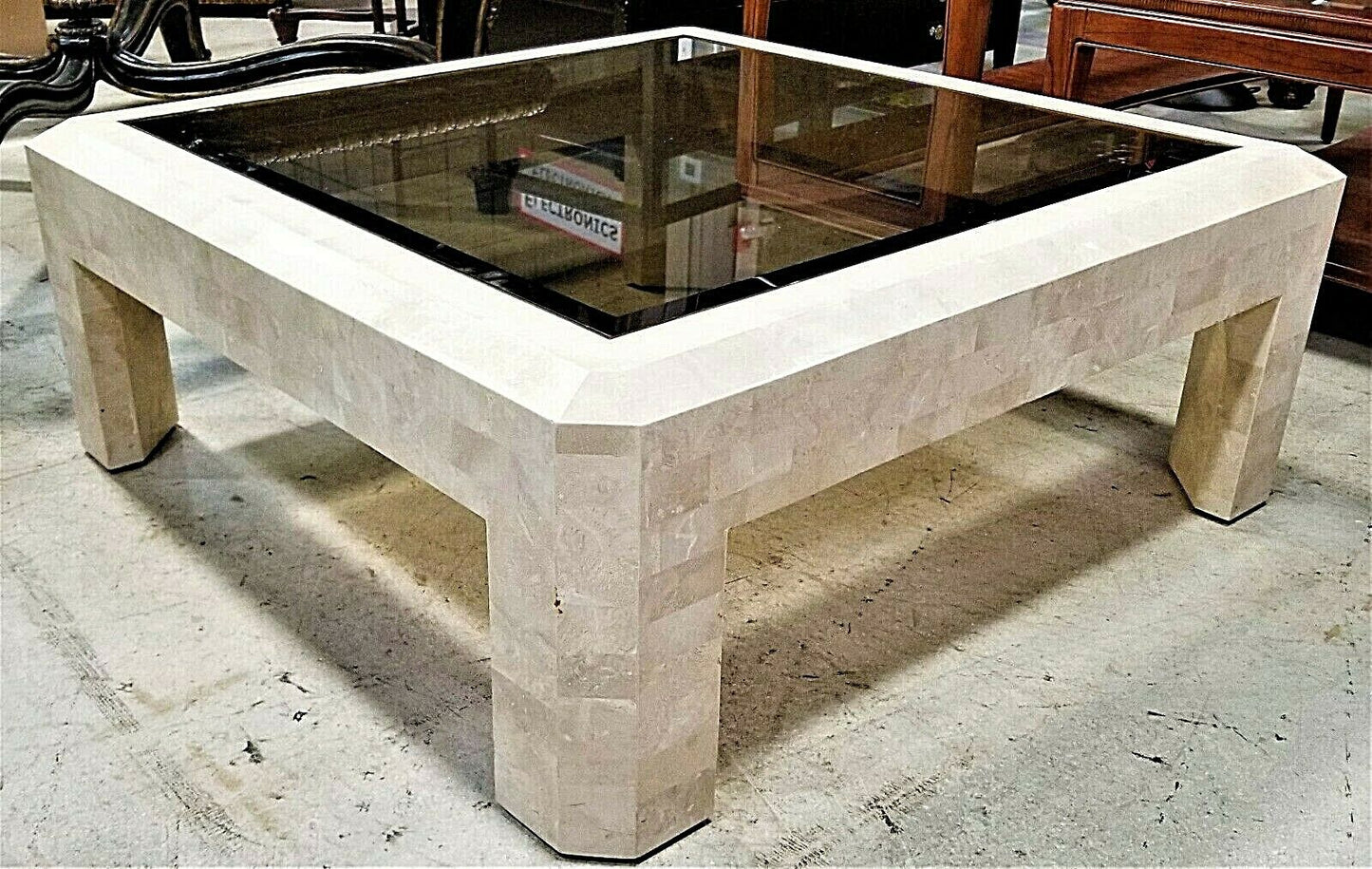 80's MAITLAND SMITH Mactan Tessellated Stone Brass Glass Console Sofa Table