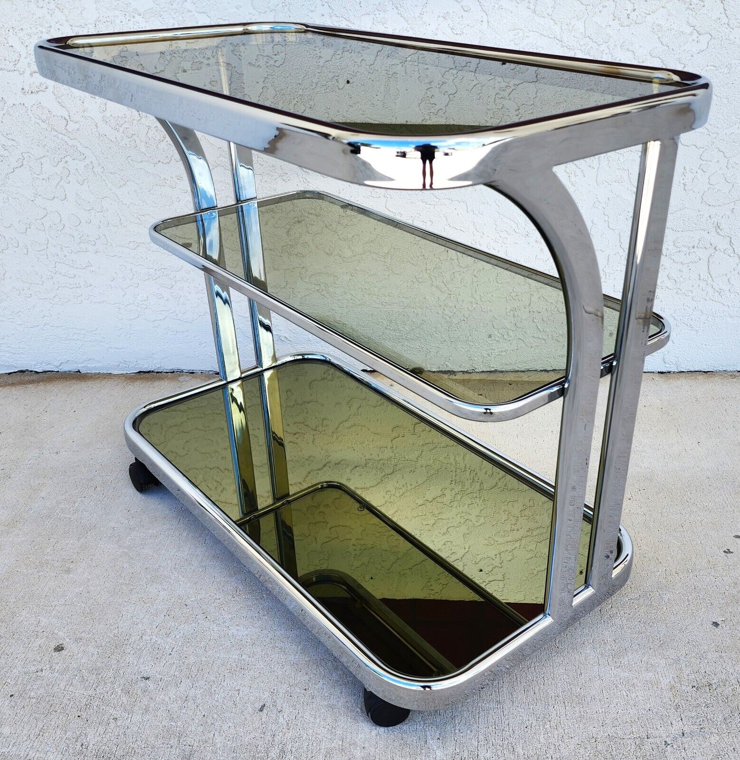 Vintage Chrome Bar Cart Smoked Glass & Mirror Rolling 1980s