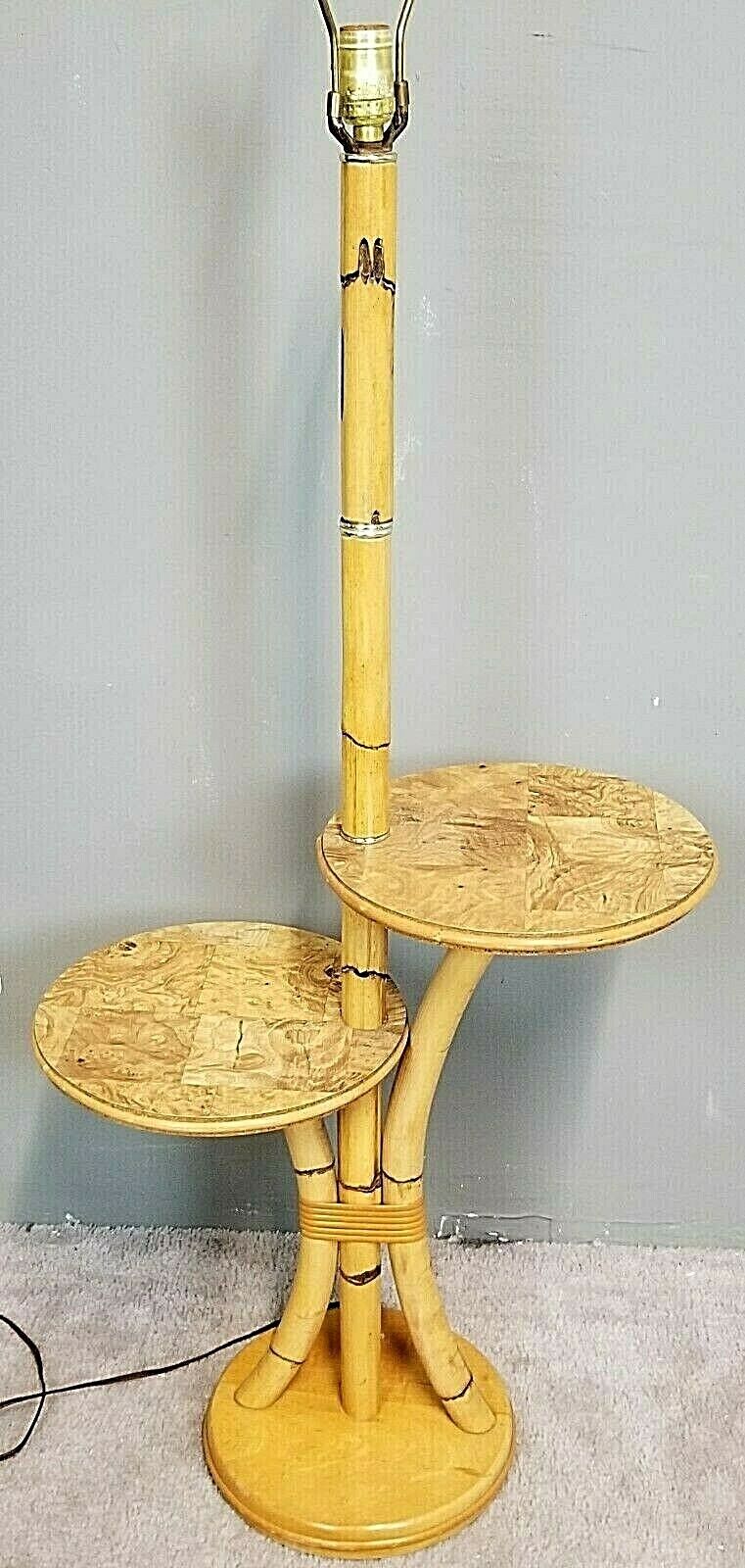 Vintage Bamboo Rattan Tiki Boho Chic Magazine Holder Floor Lamp End Side Table