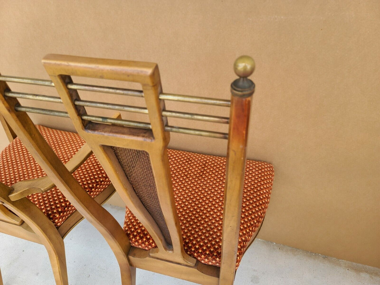 Set of 4 1950's MCM J L METZ Brass Solid Wood & Cane Dining Chairs
