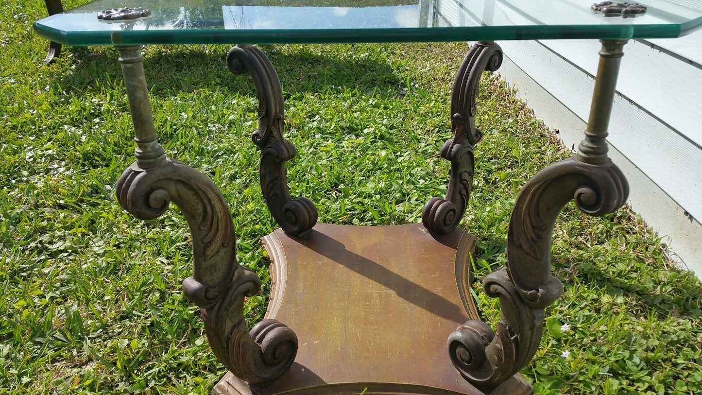 Vtg Weiman Heirloom Quality Side End Table Hand Carved Wood Glass Brass
