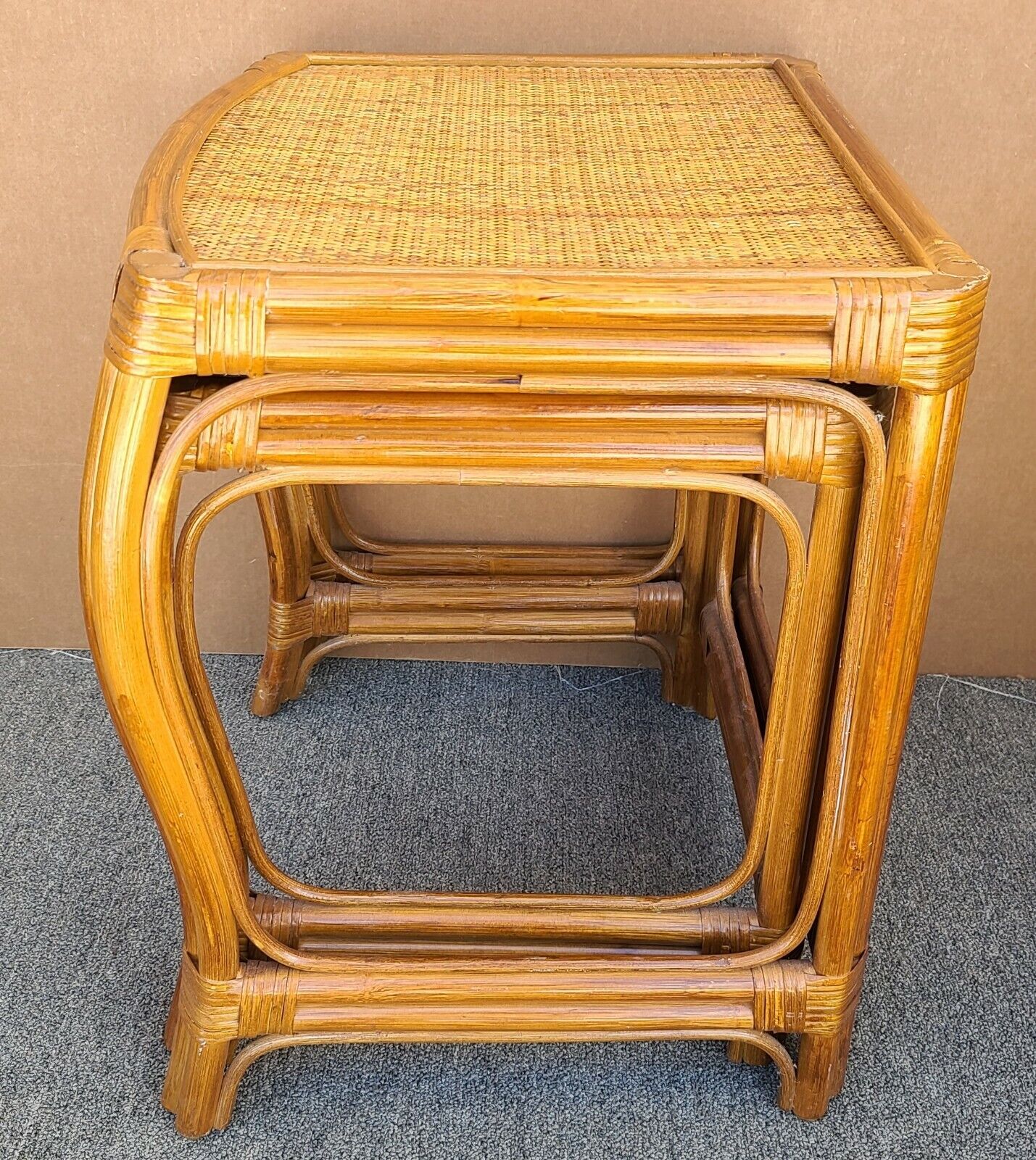 Vintage French Country Bamboo Wicker Rattan Nesting Tables