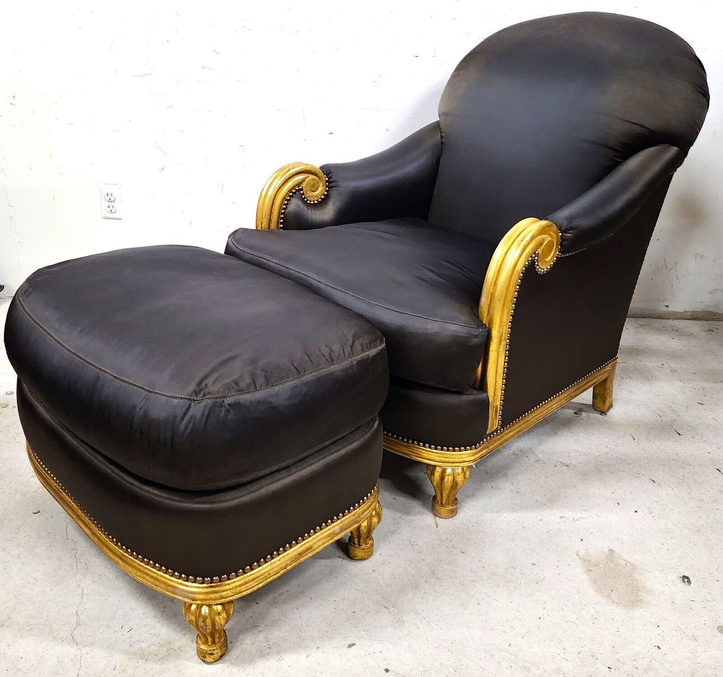 Art Deco Gilt Finish Club Chair & Ottoman