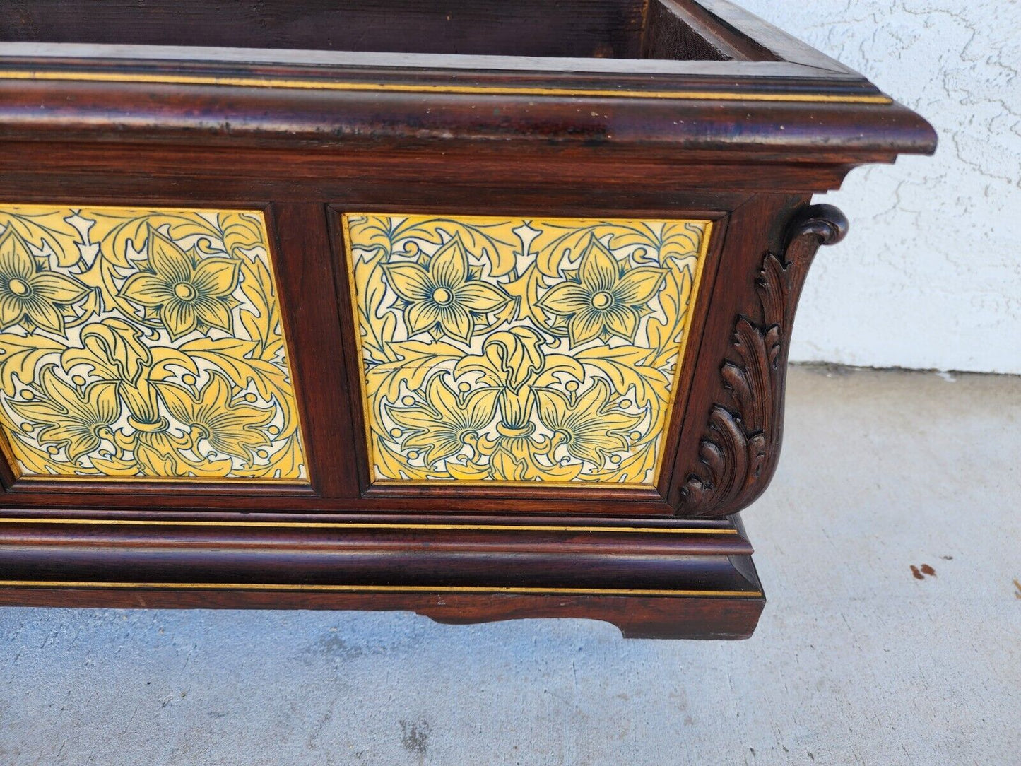 Antique English Tile Mahogany Planter Rolling 1930's