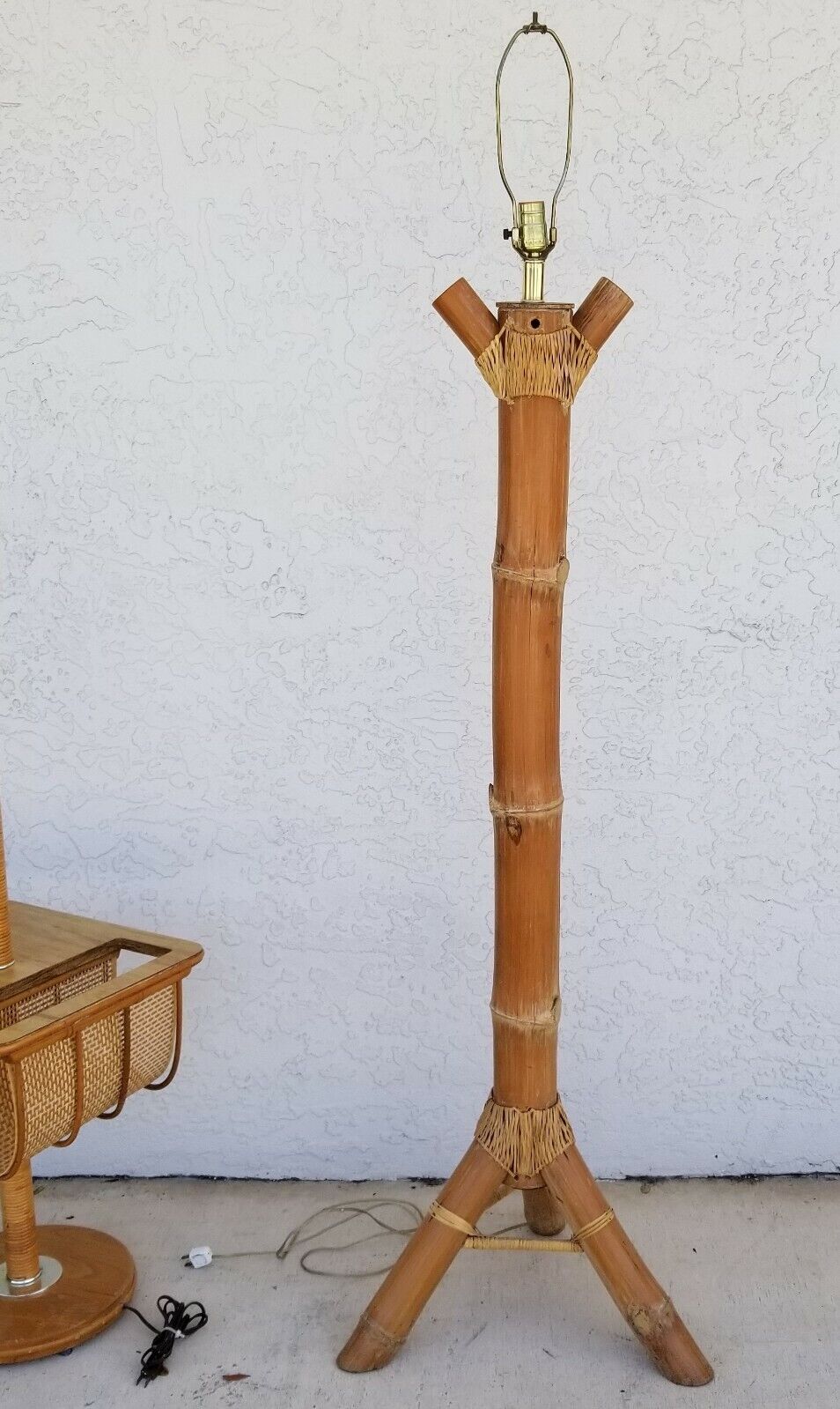 Vintage Bamboo Tiki Boho Chic Magazine Holder Floor Lamp Table