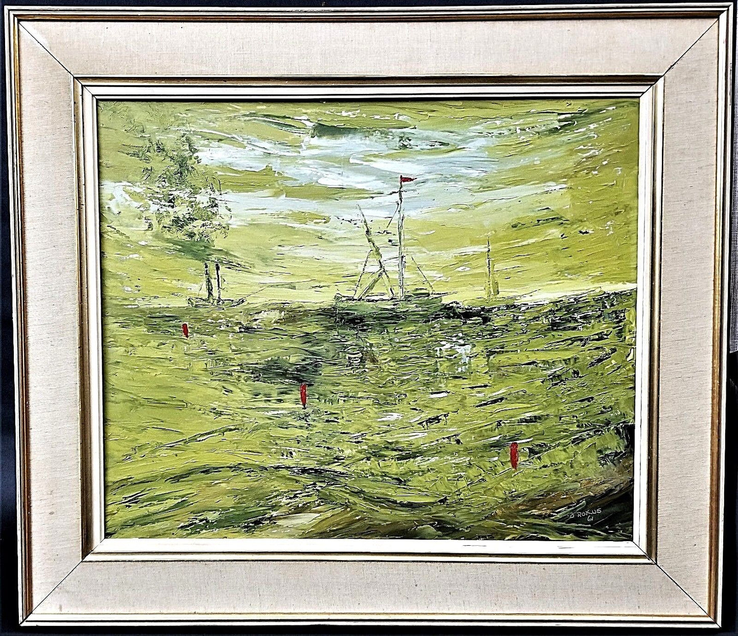 1961 Signed BERT ROKUS (listed) Expressionist Oil Painting Sailboats in Harbor