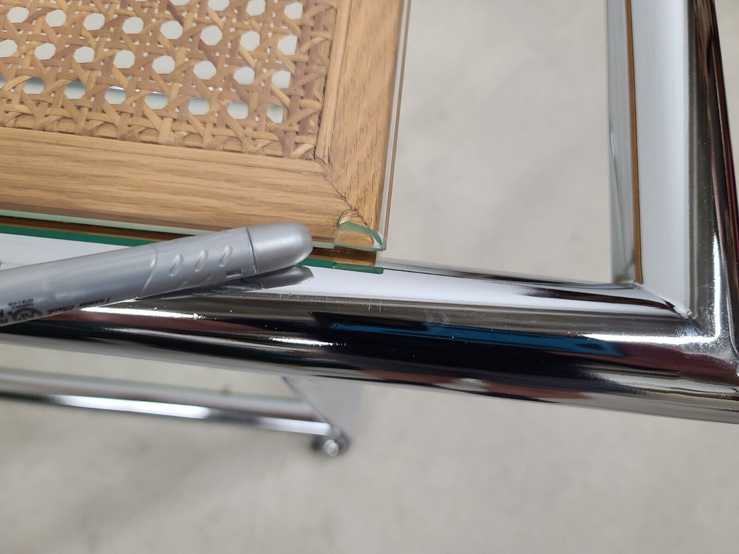 MCM 1970s Chrome Wicker Glass Rolling Bar Serving Cart