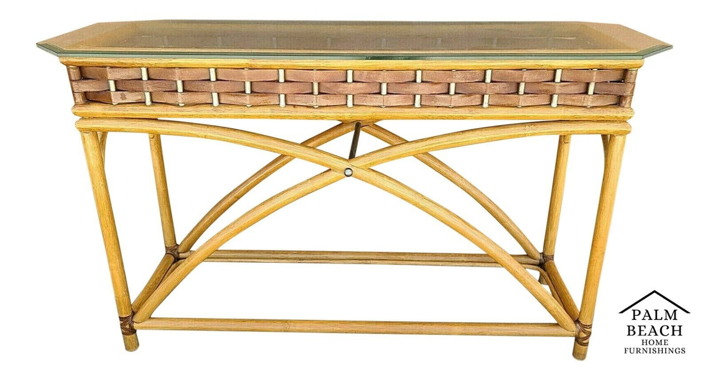 70's Elephant Bamboo Rattan Wicker Marble Top Console Sofa Entryway Table