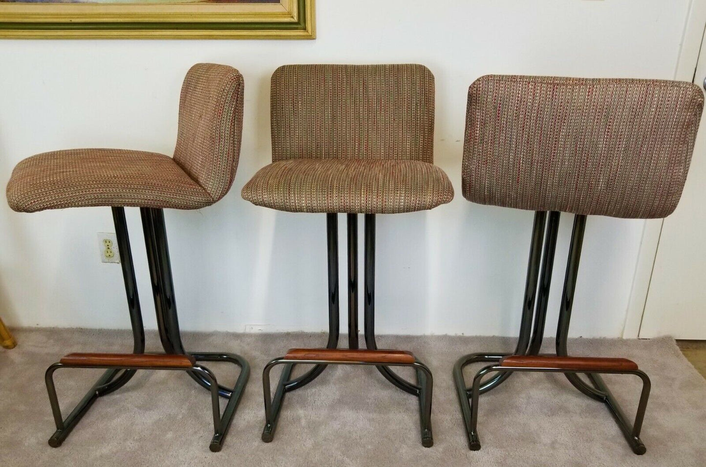 Set of 3 Palm Beach Coastal White Wrought Iron Bar Stools Bamboo Rattan Bentwood