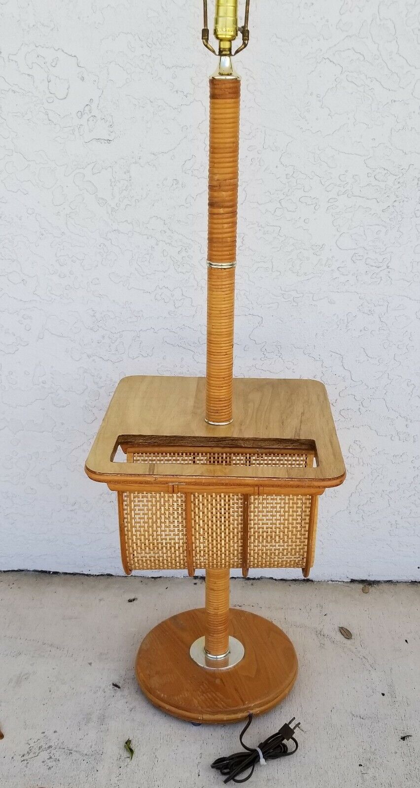 Vintage Bamboo Rattan Tiki Boho Chic Magazine Holder Floor Lamp End Side Table