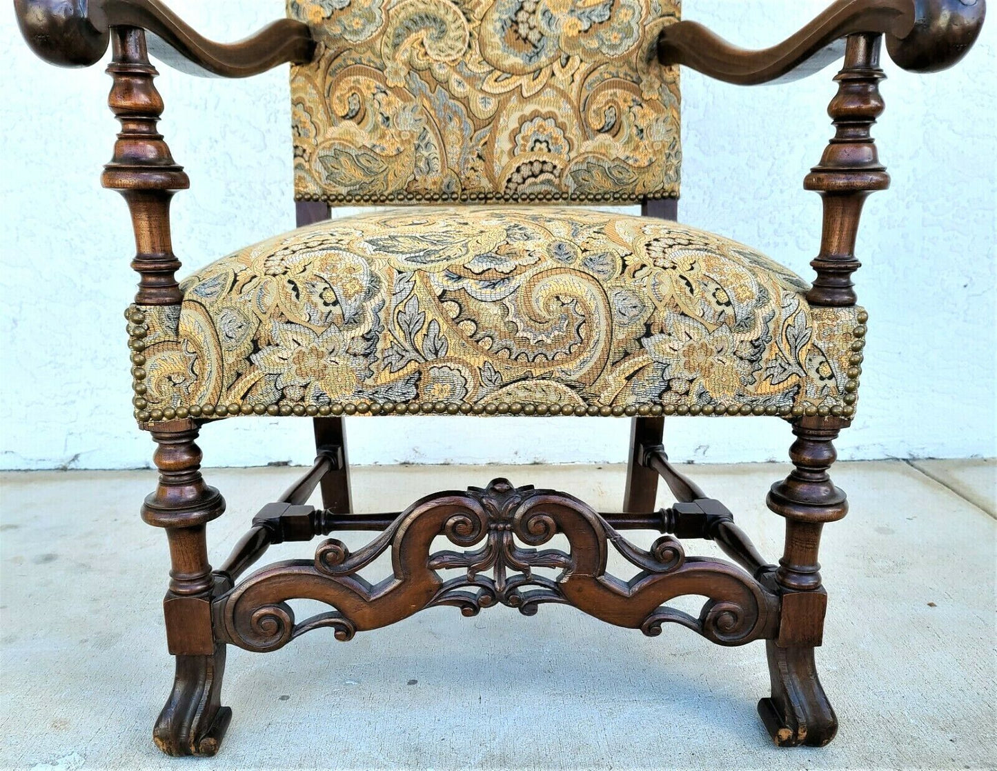Antique Italian Renaissance Revival Style Carved Walnut Throne Chair Circa 1900