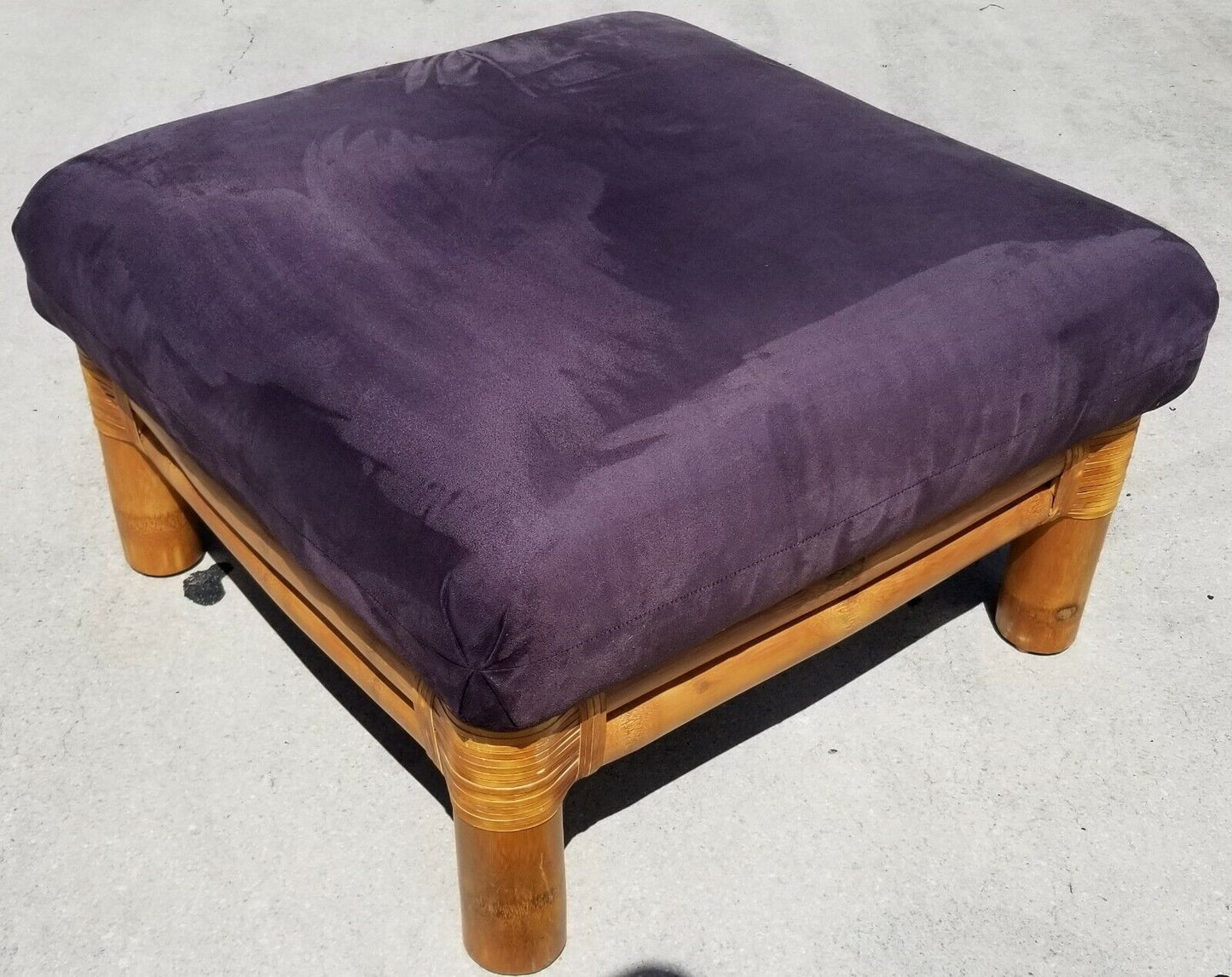 Bamboo Ottoman Pouf Rattan Velvet Blue