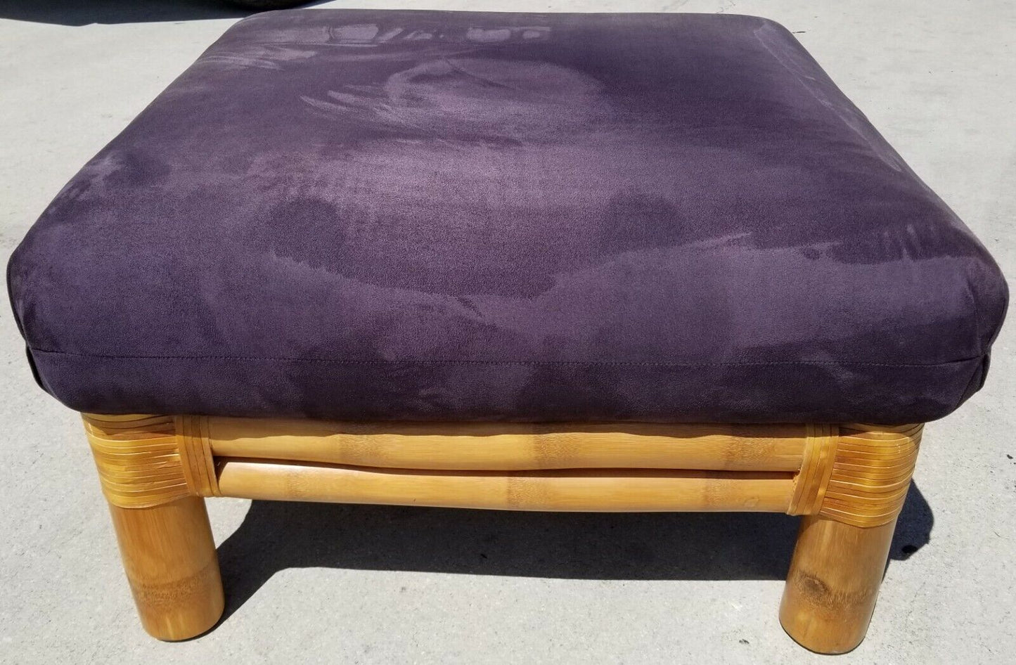 Bamboo Ottoman Pouf Rattan Velvet Blue