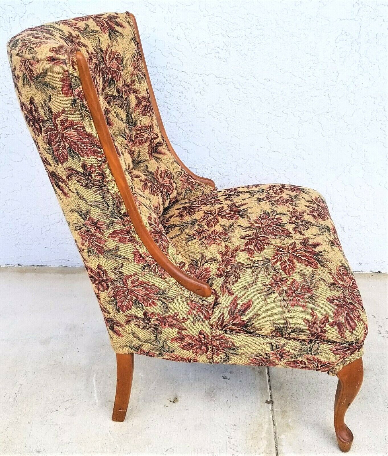 Vintage French Cabriole Tufted Slipper Chair w Tapestry Style Floral Upholstery